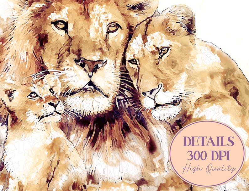May include: A watercolor painting of a lion family. The lion, lioness, and cub are all looking at the viewer. The lion has a thick mane and the lioness has a long tail. The cub is small and has a playful expression.