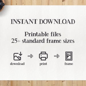 May include: Instant download of printable files for 25+ standard frame sizes. Download, print, and frame your artwork.