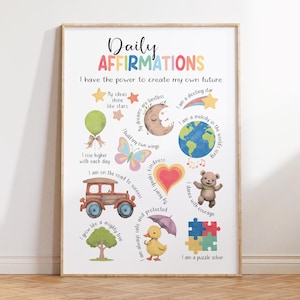 Daily Affirmations Poster for Kids Room, Watercolor Calming Corner Print, Inspirational Classroom Wall Art, Positive Affirmation Wall Decor