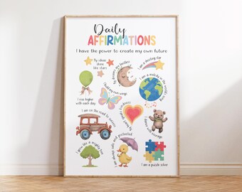 Watercolor Daily Affirmations Poster: Kids Room Decor (Digital Download)