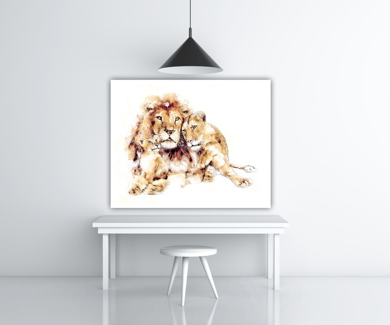 May include: A watercolor painting of a lion and two lion cubs. The lion is brown with a thick mane and the cubs are a lighter brown. The lion is looking at the viewer and the cubs are looking at the lion. The painting is on a white background.
