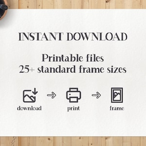 May include: White paper with the text "INSTANT DOWNLOAD" and "Printable files 25+ standard frame sizes". Below are icons for download, print, and frame. The paper is on a wooden surface with pencils and a cup of coffee.