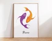 Koi Fish Wall Art, Printable Zodiac Poster, Pisces Astrology Print, Purple Gold Glitter Artwork