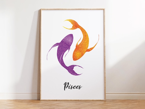 Koi Fish Wall Art, Printable Zodiac Poster, Pisces Astrology Print, Purple Gold Glitter Artwork