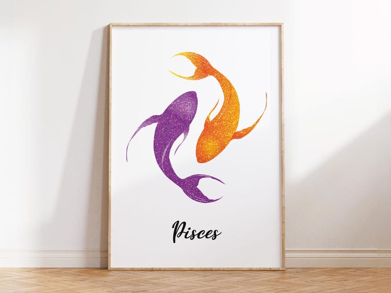 May include: A framed art print featuring two stylized fish in a swirling design. One fish is purple, the other is orange, both with glittery textures. The word "Pisces" is written below the fish in a cursive font.