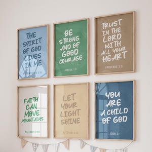 Juego de 6 impresiones de versículos bíblicos para niños, arte de pared para habitación infantil, decoración cristiana de pared, póster de las Escrituras imprimible, obra de arte religiosa de descarga instantánea