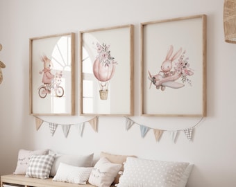 Girl Nursery Print Set of 3, Cute Bunny Nursery Decor, Blush Pink Rabbit Poster