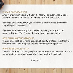 May include: A white paper with text providing instant download help for Etsy purchases. The text explains how to download files, including instructions for guest checkout and mobile devices. It also offers printing advice.