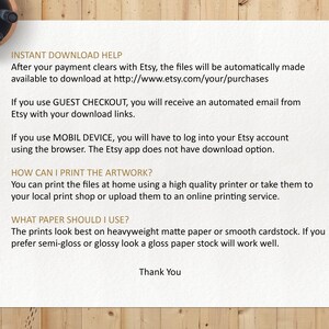 May include: A white sheet of paper with black text explaining how to download and print digital files purchased from Etsy. The text includes information about guest checkout, mobile device access, and printing options. The text also includes a recommendation for heavyweight matte paper or smooth cardstock for printing.