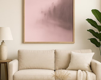 Pink Misty Forest Wall Art Print – Minimalist Nature Photography, Neutral Landscape Poster, Modern Woodland Home Decor