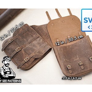 May include: Brown leather saddlebags with multiple straps and buckles. Each bag measures 12 inches by 12 inches by 2.5 inches (30.5 cm x 30.5 cm x 6.5 cm). The bags have a distressed finish and are designed for a vintage aesthetic. The image includes the text "SVG" and "TONY SEE PATTERNS."