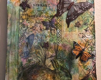 BUTTERFLY BUNNY GARDEN; pastel garden of scrolls and lace with butterflies and bunny.