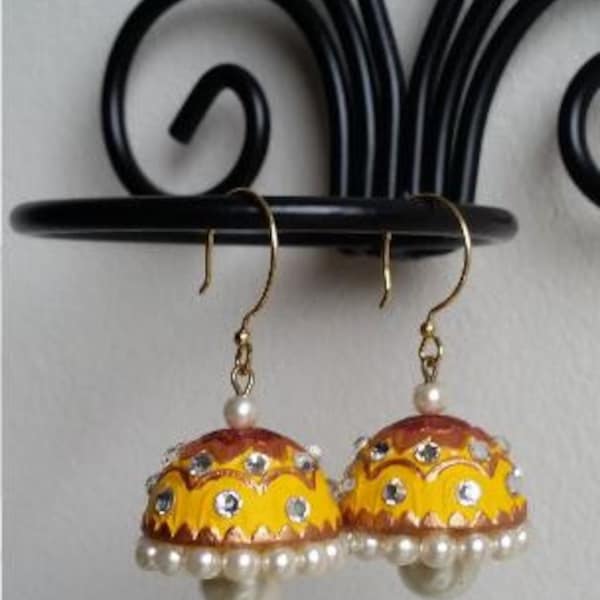 Turmeric Yellow Polymer Clay earring with Pearls and Rhinestones