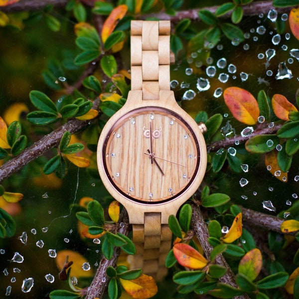 Free Custom engraving Elegant Handmade Women Wood Watch With Czech Design Made From Maple With 12 Swarovski Crystals,FREE SHIPPING