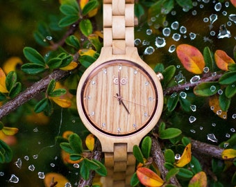 Free Custom engraving Elegant Handmade Women Wood Watch With Czech Design Made From Maple With 12 Swarovski Crystals,FREE SHIPPING