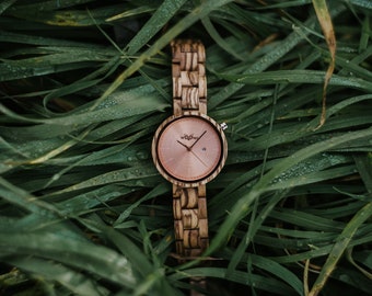 Ladies wooden watch Mirri made of Zebrano wood. Customizable Birthday gift. Hand made watch. Free custom engraving. Free shipping.