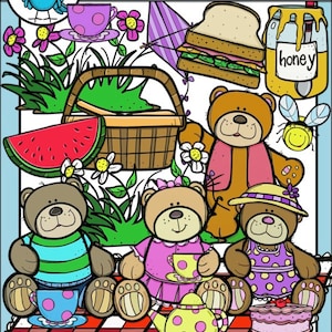Pluszowy miś piknik clip art zestaw-ćwierkanie grafiki