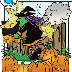 May include: Five little pumpkins with smiling faces, a witch flying on a broomstick, a crescent moon, a cloud, and a star. The pumpkins are orange with green stems and leaves. The witch is wearing a black hat, a black dress, and purple hair. The background is a wooden fence with green grass.