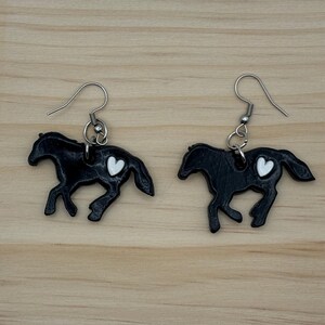 Black horse earrings with white heart - polymer clay horse earrings - dangle earrings