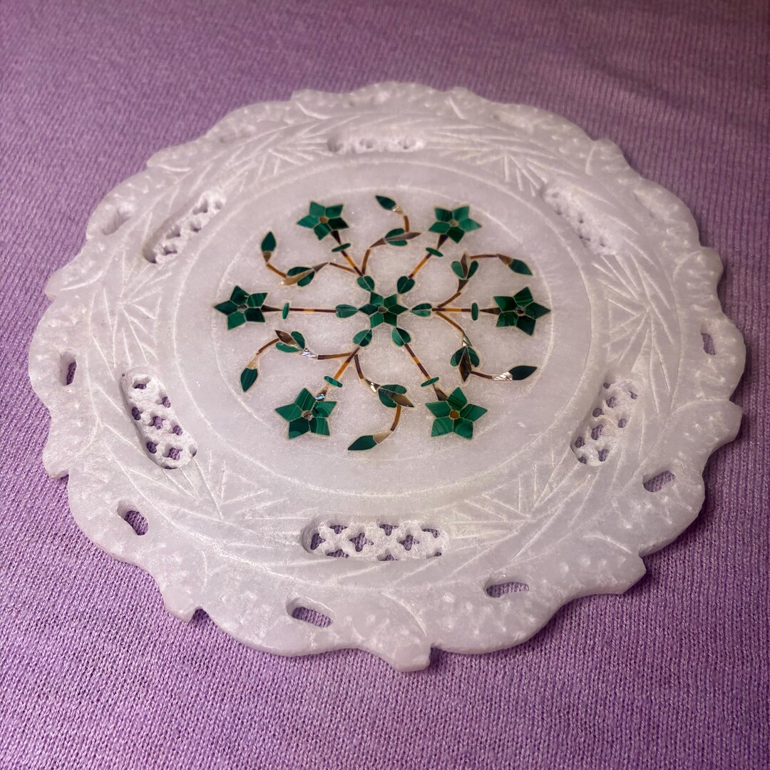 Vintage Alabaster 6” Stone Plate With Malachite Inlay | Hand Carved ...