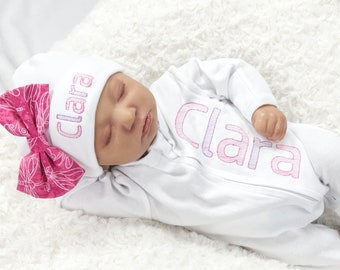 Baby girl coming home outfit, Personalized Baby Girl Sleeper Set, Custom Baby Shower Gift for Girl's, White Name Sleeper, Baby Girl Outfit