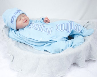 New Baby Boy Personalized Footed Pajama - Blue with Blue Gingham Footie Jammies - Custom Infant Sleepwear - Coming Home Outfit