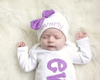 Baby Girl Coming Home Outfit - Baby Girl Gown - Baby Shower Gift for Girl - Newborn Sleeper - Baby Girl Sleeper - Purple Polka Dot Gown