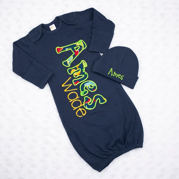 Newborn Baby Boy Sleeper - Navy Baby Gown - New Baby Photo Shoot - New Baby outfit - baby name gown - Lime Dinosaur Print