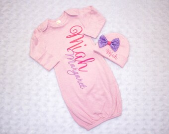 New Baby Girl Coming Home Outfit - Baby Girl Gown - Baby Shower Gift for Girl - Newborn Sleeper - Baby Girl Sleeper - Pink gown with purple