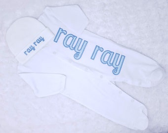 New Baby Boy Personalized Footed Pajama - White with blue gingham Footie Jammies - Custom Infant Sleepwear - Coming Home Outfit