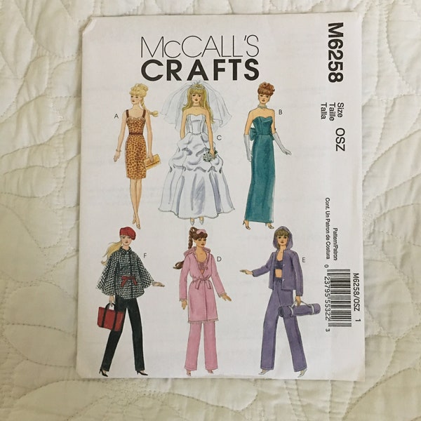 11 1/2 inch Darbie Doll Clothes Patterns - McCalls M6258 Dress-Pants-Cape-Beret-Robe-Yoga-Evening Gown-Gloves-Wedding Dress Veil - NEW