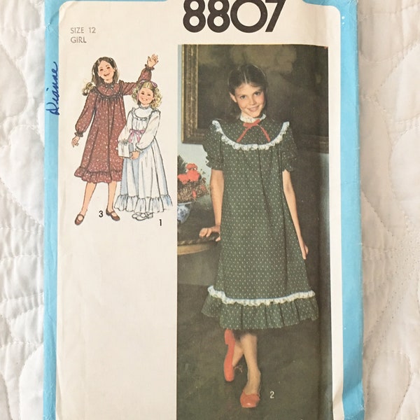 Pattern for Girls Nightgown Simplicity 8807 Girls Size 12 Chest 30  Modest-High Neckline-Ruffles-Long or Short Sleeves-Long-70s Patterns