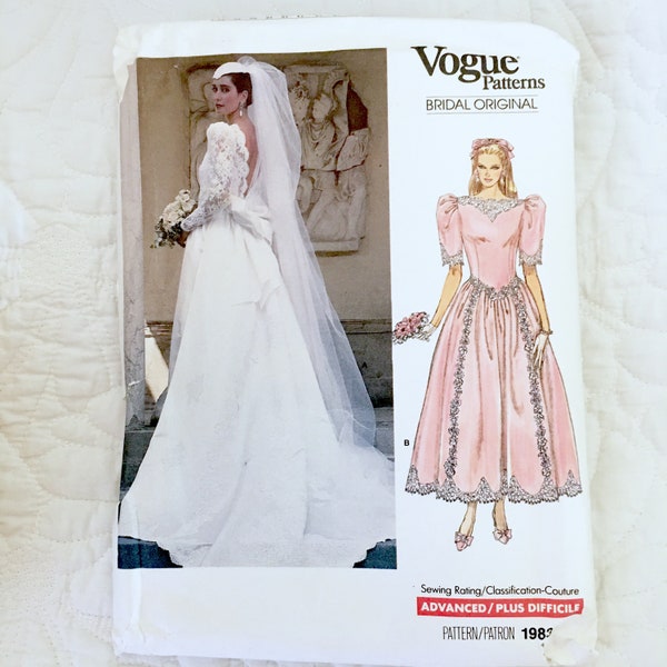 Low Back Wedding Dress Pattern - Vogue 1983 - Misses' Size 8 - Puffed Sleeves - Floor Length - Train - CUT