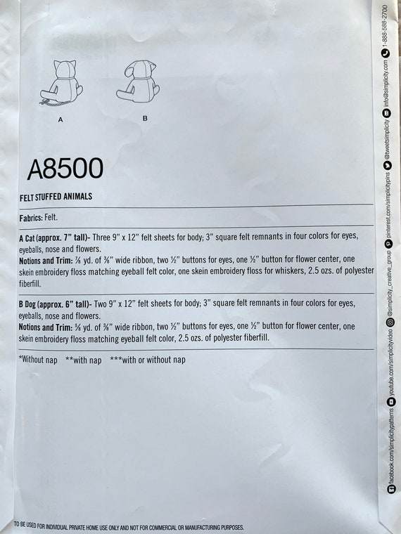 Easy Stuffed Animal Patterns Stuffed Cat Dog Bear Rabbit Simplicity A8500  Simplicity A1191 New Uncut - Etsy