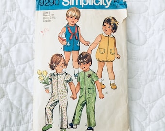 1970s Vintage Simplicity 9290 Toddler Size 1/2 and Size 1 Romper-Bubblesuit-Jumpsuit-Pattern-Zipper-Collar-Pockets-Vintage Kids Clothing-CUT