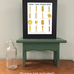 May include: A black framed print with the title "Know Your French Fries" and illustrations of different types of french fries, including shoestring, waffle, curly, and crinkle cut. The print is displayed on a green wooden stand.