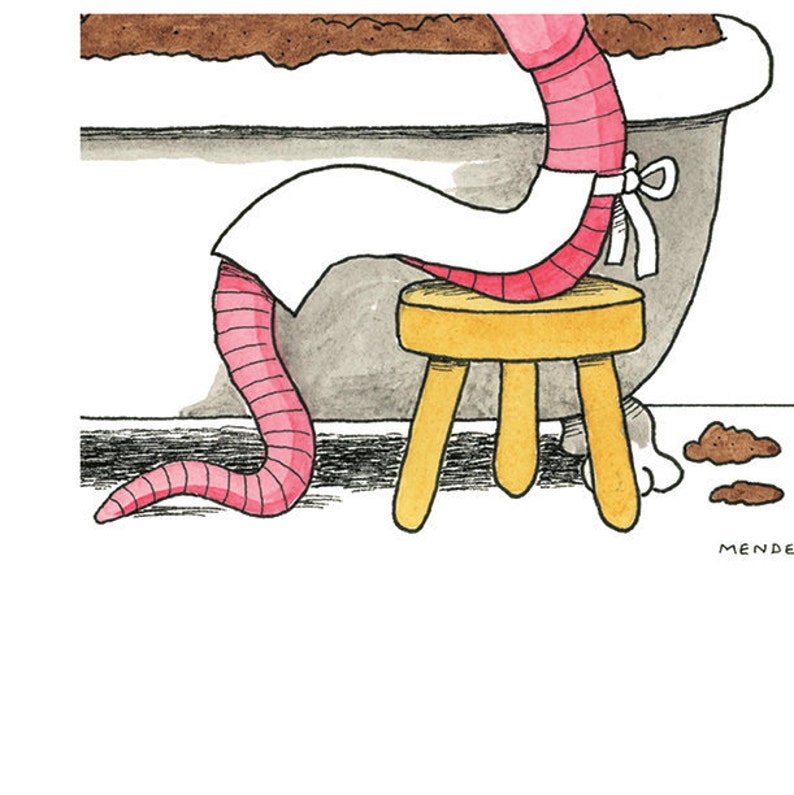 May include: A pink worm wearing a white apron sits on a yellow stool in a bathtub filled with brown dirt. The worm's tail is curled up on the floor. There is a pile of dirt on the floor next to the stool.