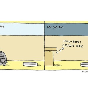 May include: A cartoon illustration of a turtle in a shell sitting on a table at 3:00 PM. The turtle is gone by 10:00 PM and the caption reads "Hoo-boy! Crazy day."