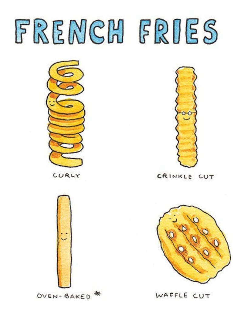 May include: Illustration of four different types of french fries: curly, crinkle cut, oven-baked, and waffle cut. Each fry has a cartoon face.