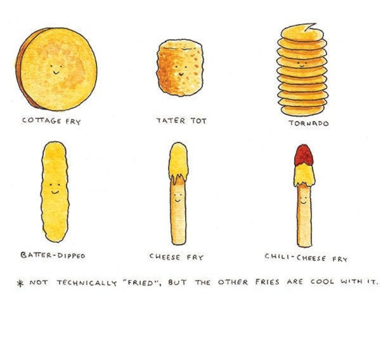 May include: A humorous illustration of different types of fried foods, including cottage fries, tater tots, tornado fries, batter-dipped fries, cheese fries, and chili-cheese fries. The caption reads "*Not technically 'fried', but the other fries are cool with it."
