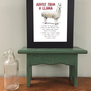 May include: A framed print with a black frame and a white background. The print features a cartoon llama with the text "Advice from a Llama" and a list of advice in red text: "Listen to your heart. Look on the bright side. Let your hair down once in a while. Learn to laugh more. Live and let live, and, most of all, love life!"