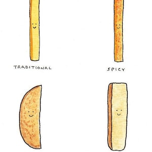 May include: Four different types of french fries are illustrated with cartoon faces. The fries are labeled "Traditional", "Spicy", "Wedge", and "Steak Fry".