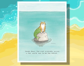 Funny Mercat Watercolor Print: Mermaid Cat Bathroom Art