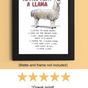 May include: A black framed print with a white background featuring a cartoon llama with the text "ADVICE FROM A LLAMA" and a list of advice in all caps: "LLISTEN TO YOUR HEART. LLOOK ON THE BRIGHT SIDE. LLET YOUR HAIR DOWN ONCE IN A WHILE. LLEARN TO LLAUGH MORE. LLIVE AND LLET LLIVE. AND, MOST OF ALL, LLOVE LLIFE!"