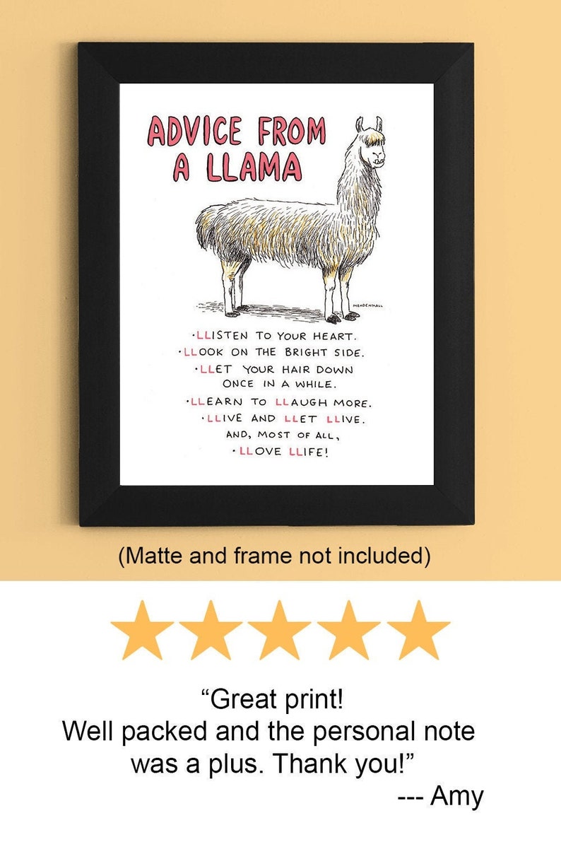 May include: A black framed print with a white background featuring a cartoon llama with the text "ADVICE FROM A LLAMA" and a list of advice in all caps: "LLISTEN TO YOUR HEART. LLOOK ON THE BRIGHT SIDE. LLET YOUR HAIR DOWN ONCE IN A WHILE. LLEARN TO LLAUGH MORE. LLIVE AND LLET LLIVE. AND, MOST OF ALL, LLOVE LLIFE!"