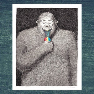 May include: A black and white illustration of a large, furry creature with a long tongue sticking out, licking a colorful shaved ice treat.