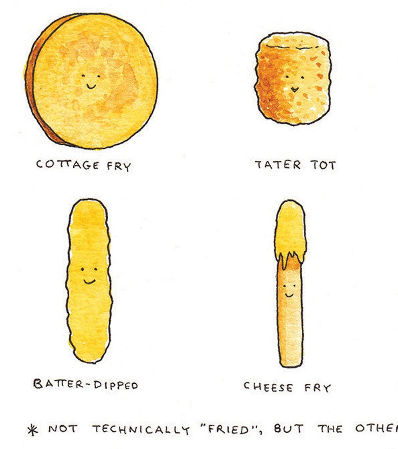 May include: A humorous illustration of four different fried foods, each with a smiling face. The foods are cottage fry, tater tot, batter-dipped, and cheese fry. The caption reads "* Not technically "fried", but the other..."