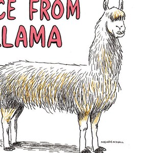 May include: A white llama with a black outline and brown fur stands on a white background. The text "Advice from a Llama" is written in pink above the llama. The text "Listen to your heart." is written below the llama.