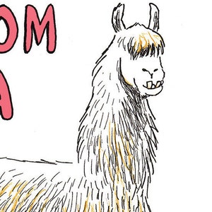 May include: A black and white line drawing of a llama with a yellow mane. The llama is smiling and has its teeth showing. The text "Llama" is written in pink letters to the left of the llama.