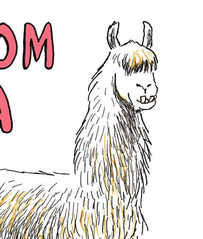 May include: A black and white line drawing of a llama with a yellow mane. The llama is smiling and has its teeth showing. The text "Llama" is written in pink letters to the left of the llama.